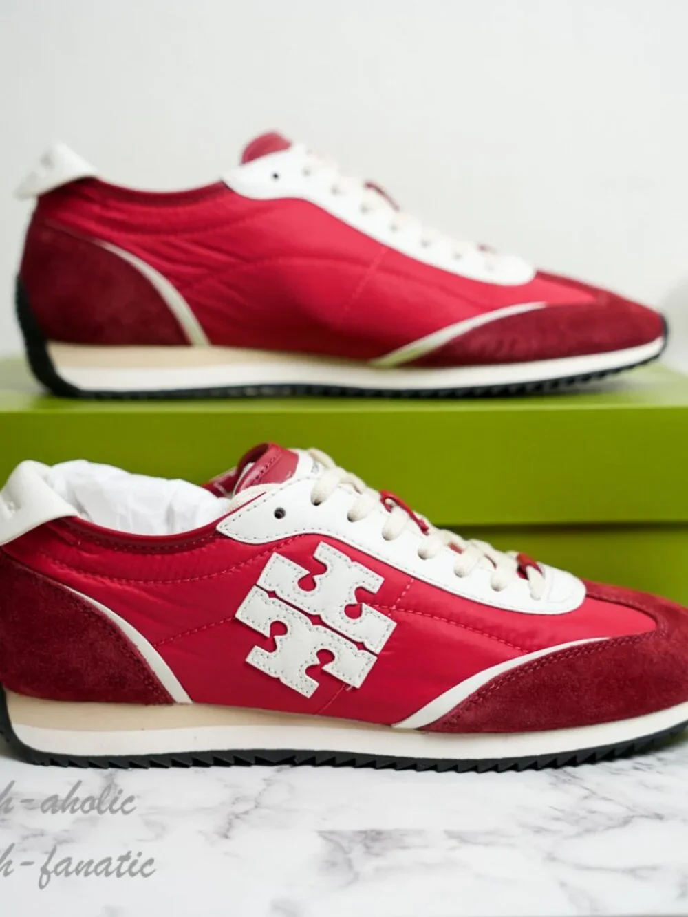 Tory Burch T-Logo Nylon Suede Vintage Sneaker 2.0 in Tory Red / White NIB